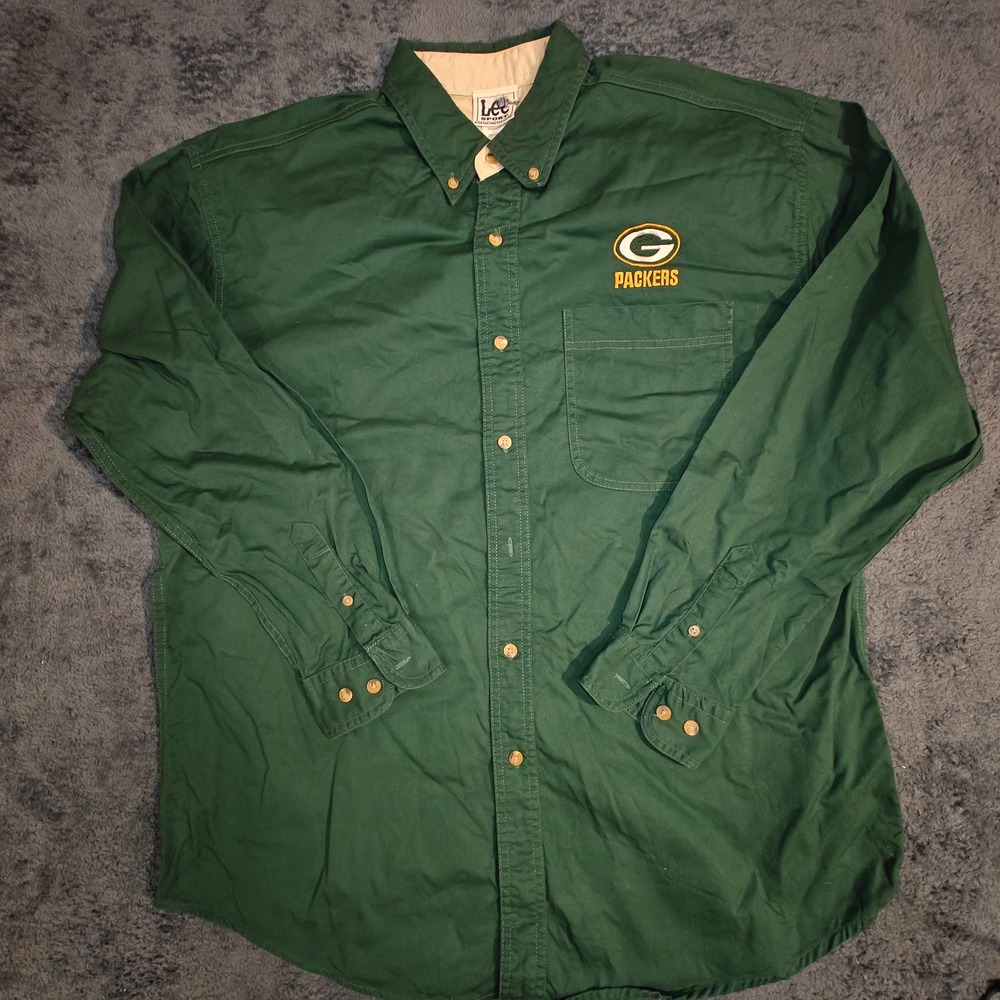 VTG Lee Sport Green Bay Packers Button Down Shirt Mens Large Green Cotton NFL